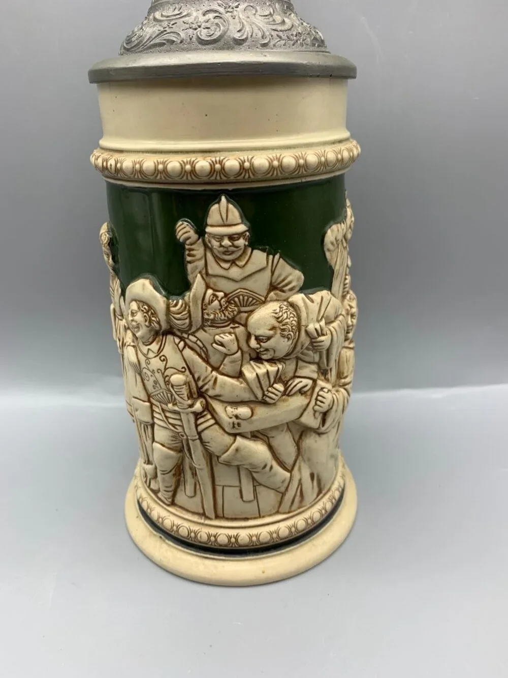 Vintage German Gestzlich Tavern Scene Stein with Pewter Hinged Lid